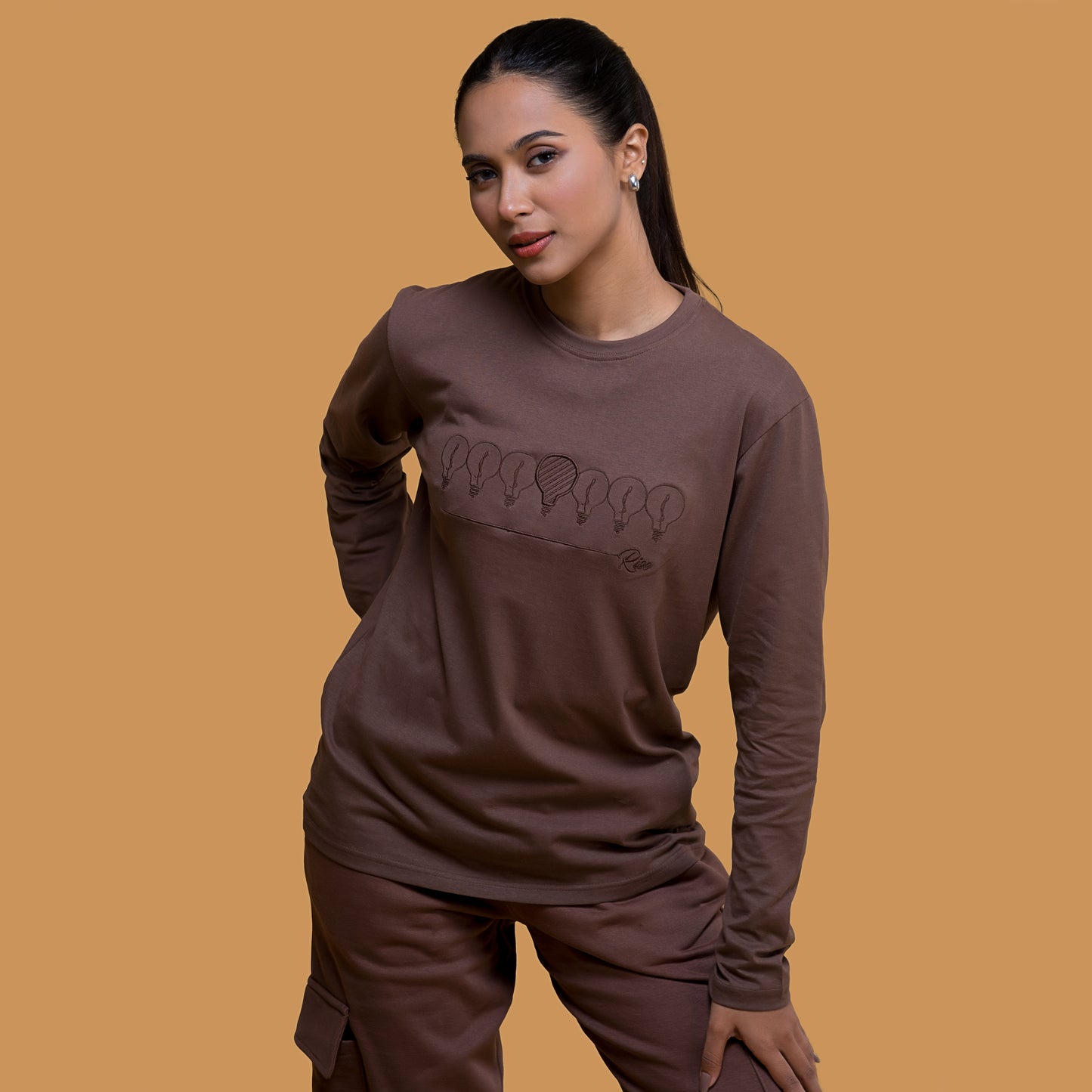 Rise Chocolate Brown Embroidered Long Sleeve t-shirt