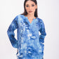 Women Floral Printv Neck Tie-Dye Tops Blouses Blue Long Sleeves 