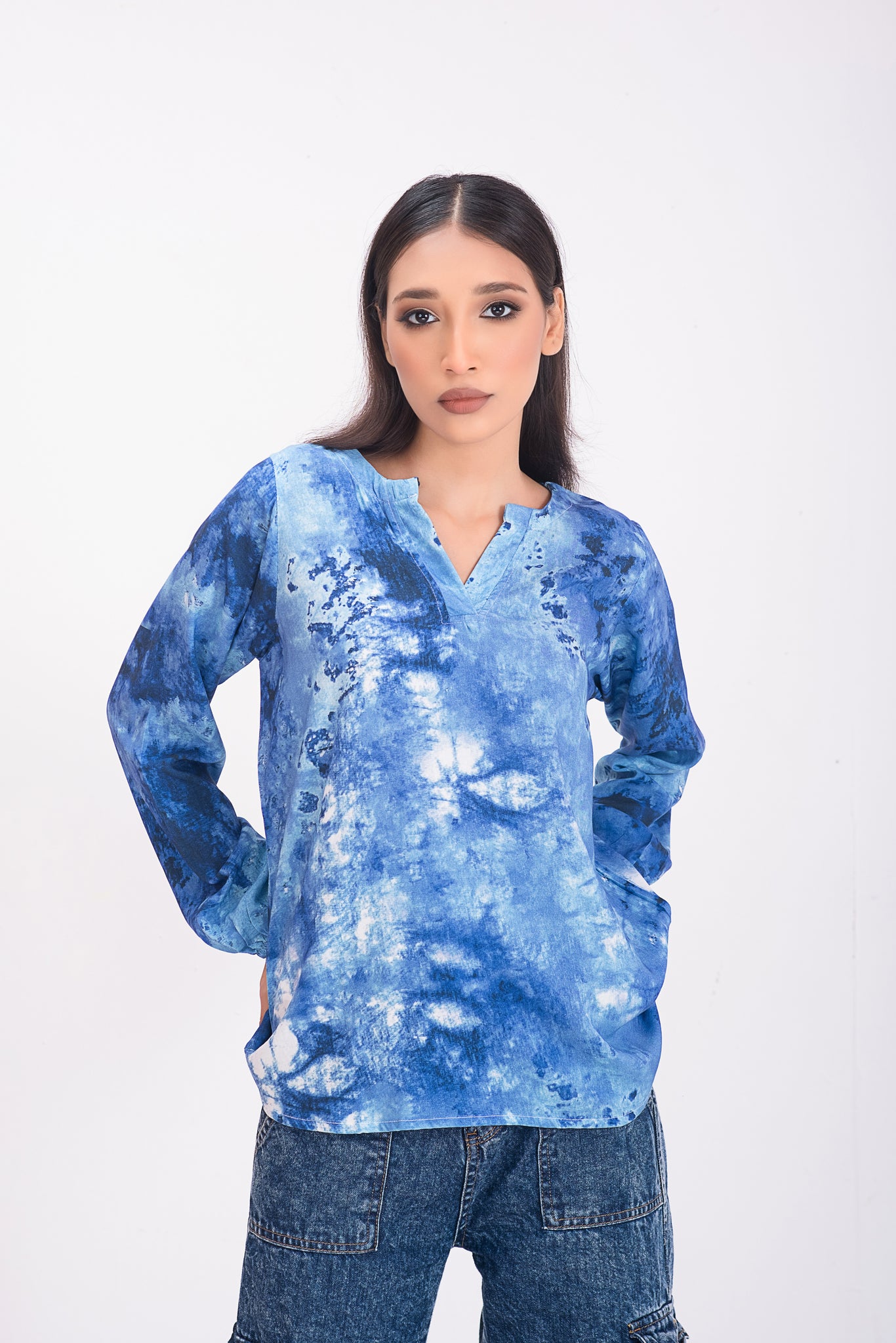 Women Floral Printv Neck Tie-Dye Tops Blouses Blue Long Sleeves 