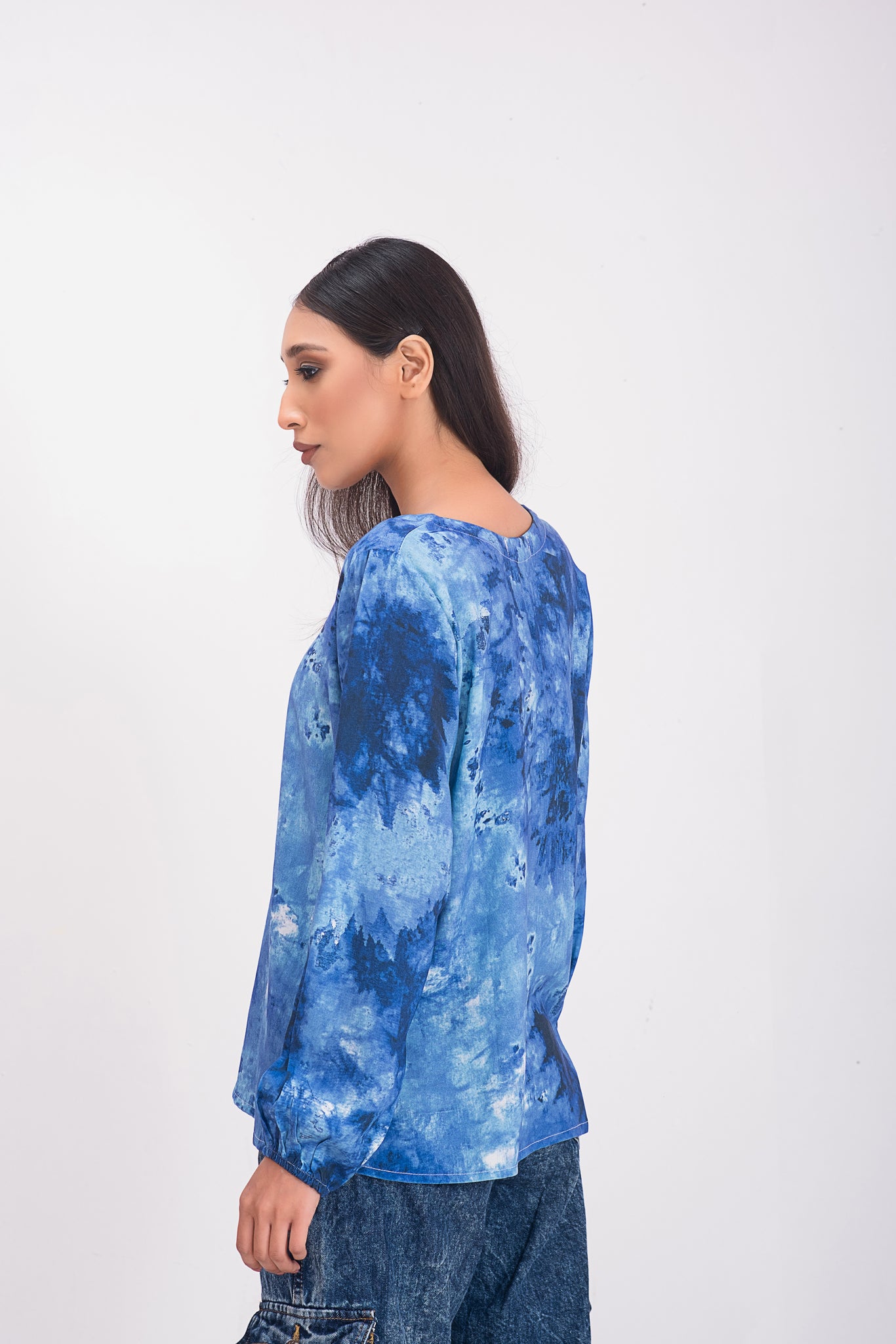 Blue Tie Dye Button Long Sleeves Tops