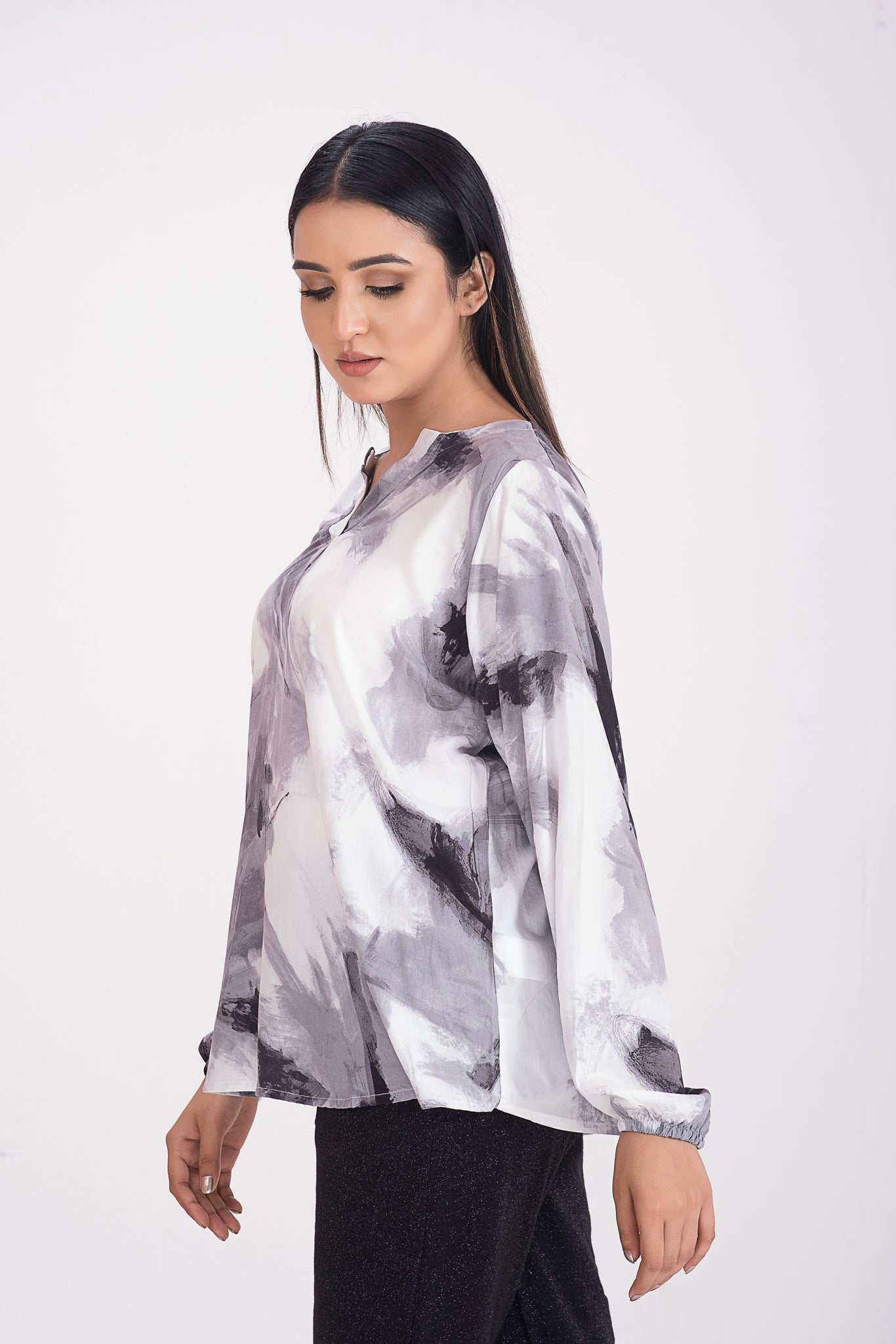 Floral Print Long Sleeve Wrap Tops Black For Women -Eternce