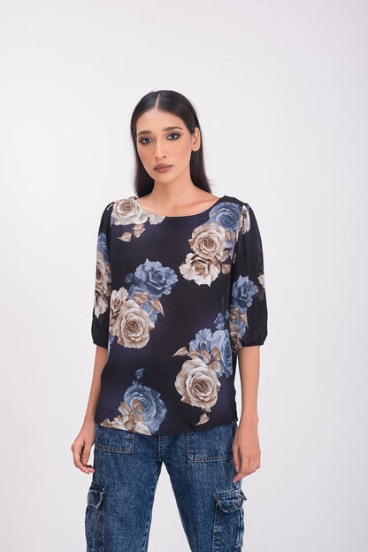 Sleeve Printed Women's Rose print Blouse   - Eternce 