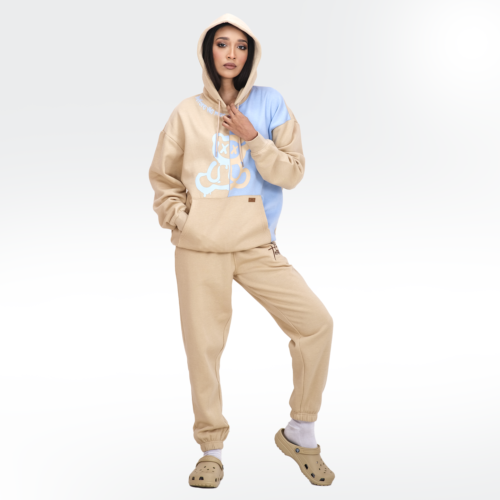 Oversized Graffiti Teddy Print Hoodie for Women's 