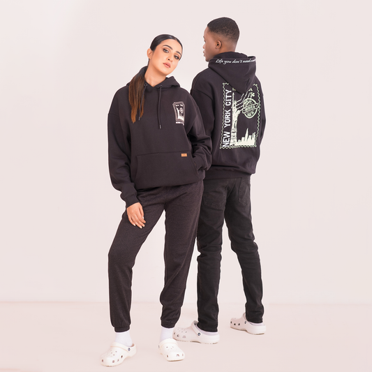 Unisex New York Stamp Glow In The Dark Oversized Black Hoodie for men & Women 