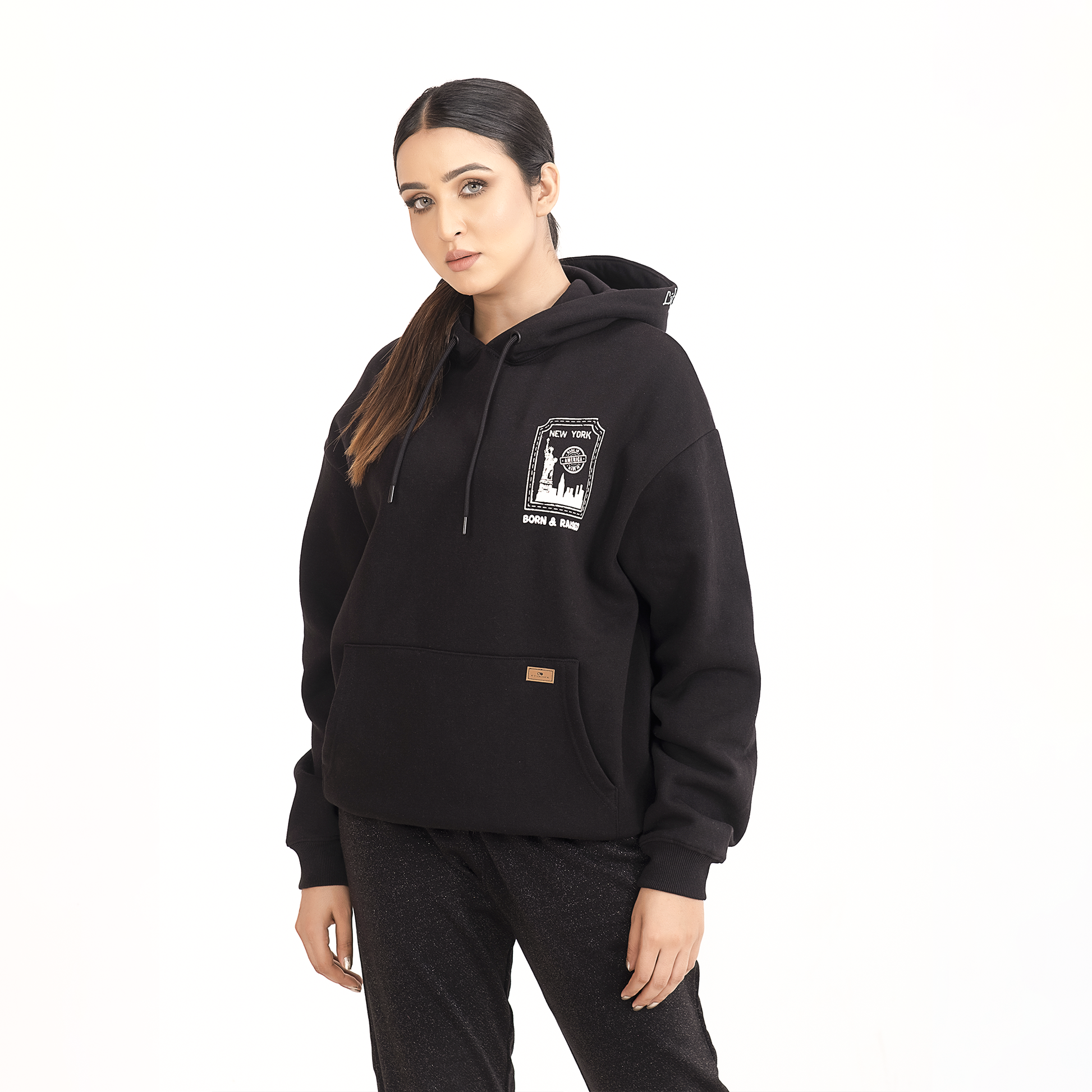 Women's New York Stamp Hoodie Sleek Black Design with Unique Glow Feature 