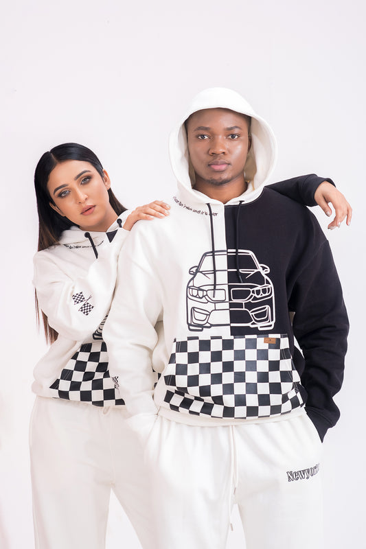 Unisex Black and White Oversized Racing Hoodie  For Men & Women