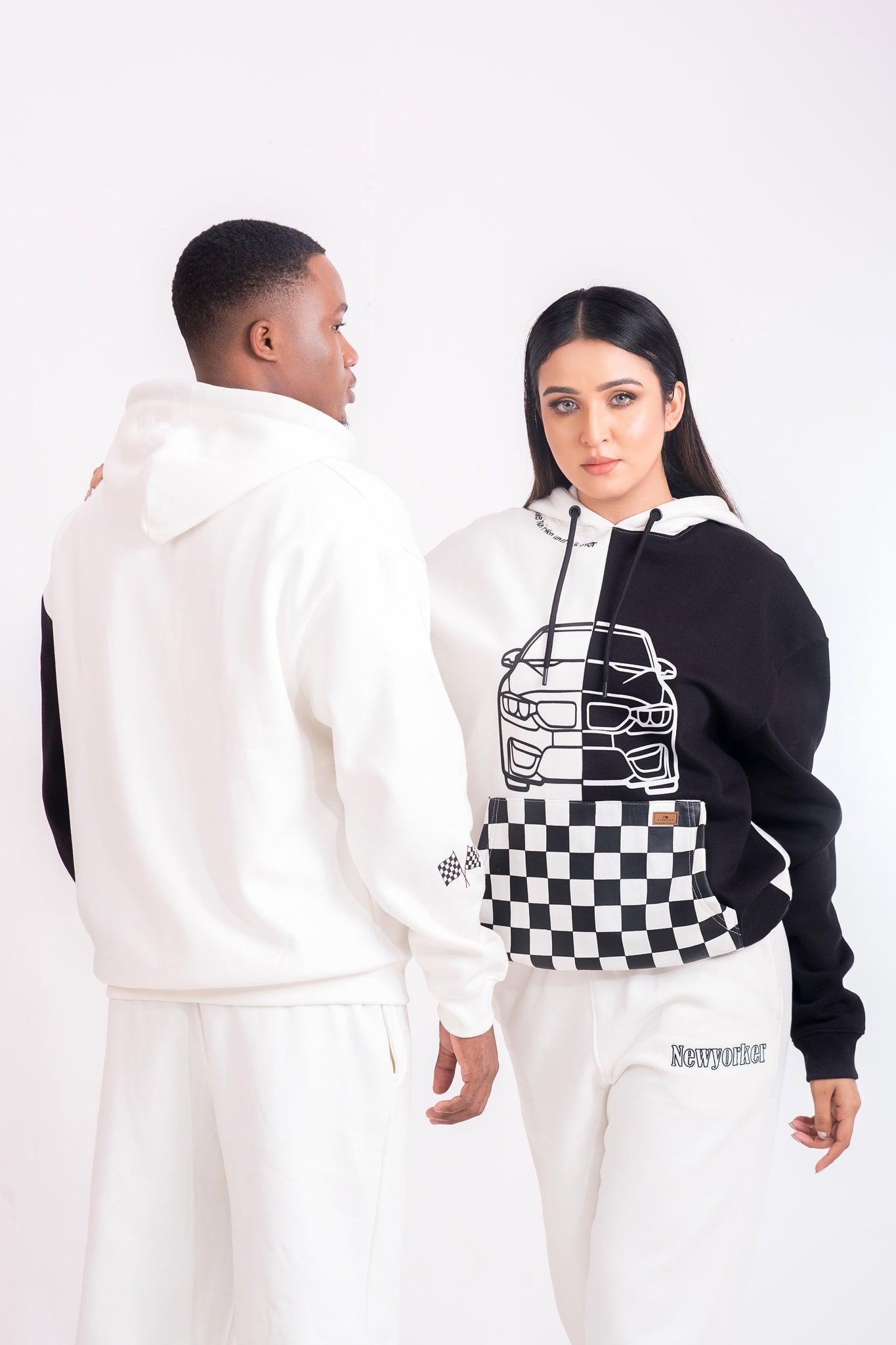 Unisex White & Black Oversized Racing Hoodie for Men & Women