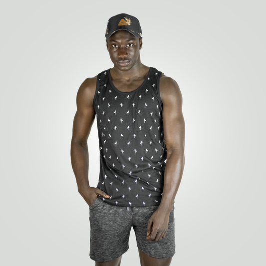 Men’s Tropical Palm Tree Tank Top – Jet Black Cotton